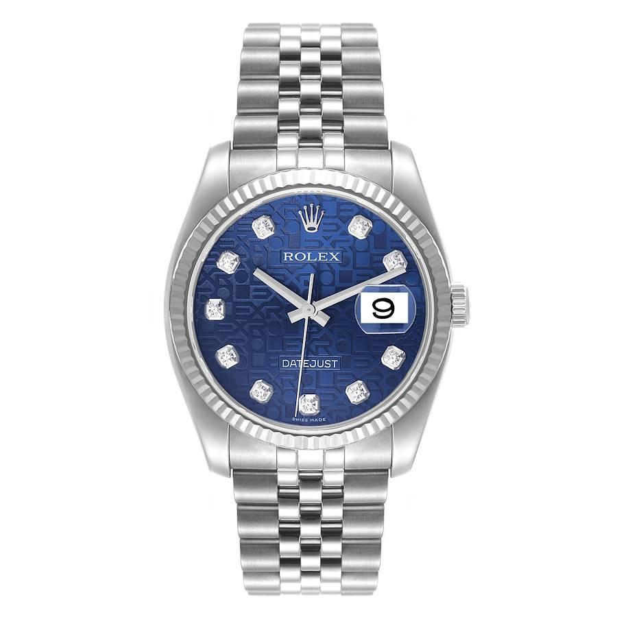 Rolex Datejust Steel White Gold Blue Diamond Dial Mens Watch 116234 Box Card. Officially certified chronometer self-winding movement. Stainless steel case 36.0 mm in diameter. Rolex logo on a crown. 18K white gold fluted bezel. Scratch resistant