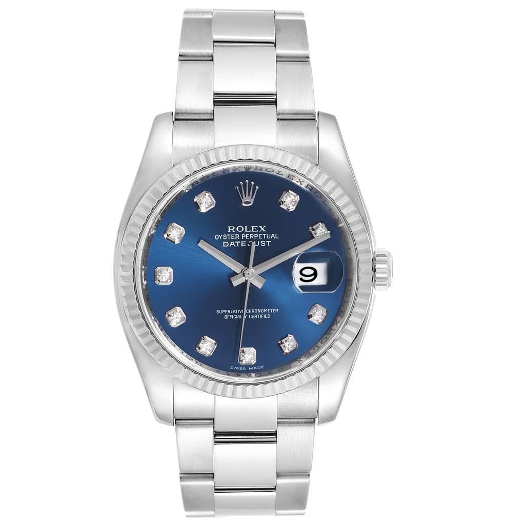 Rolex Datejust Steel White Gold Blue Diamond Dial Mens Watch 116234. Officially certified chronometer self-winding movement. Stainless steel case 36.0 mm in diameter. Rolex logo on a crown. 18K white gold fluted bezel. Scratch resistant sapphire