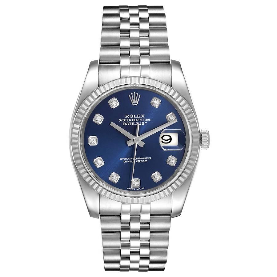 Rolex Datejust Steel White Gold Blue Diamond Dial Mens Watch 116234. Officially certified chronometer self-winding movement. Stainless steel case 36.0 mm in diameter.  Rolex logo on a crown. 18K white gold fluted bezel. Scratch resistant sapphire