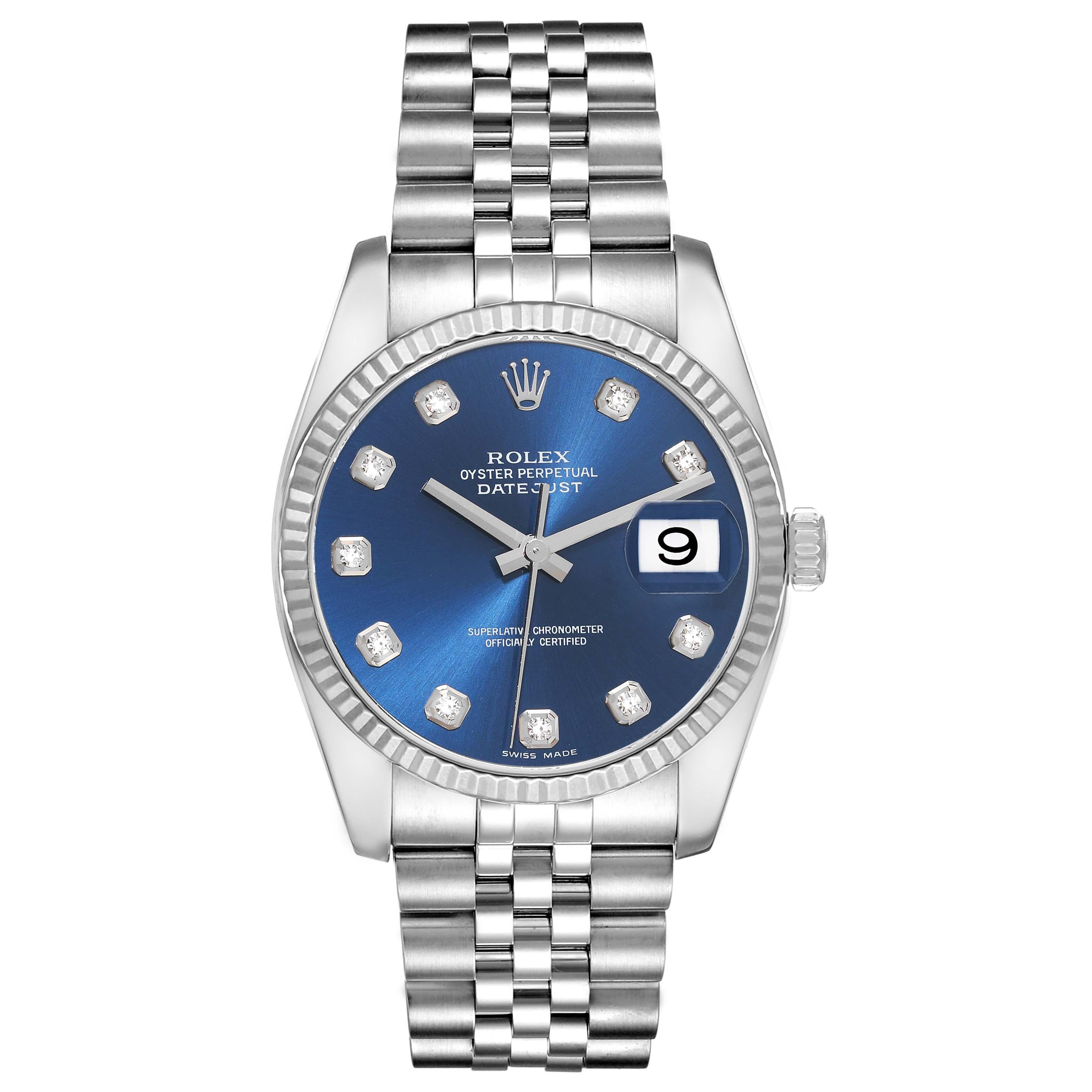 Rolex Datejust Steel White Gold Blue Diamond Dial Mens Watch 116234. Mouvement automatique à remontage automatique, officiellement certifié chronomètre. Boîtier en acier inoxydable de 36.0 mm de diamètre. Logo Rolex sur la couronne. Lunette cannelée