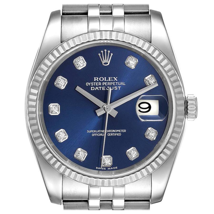 Rolex Datejust Steel White Gold Blue Diamond Dial Mens Watch 116234 For Sale