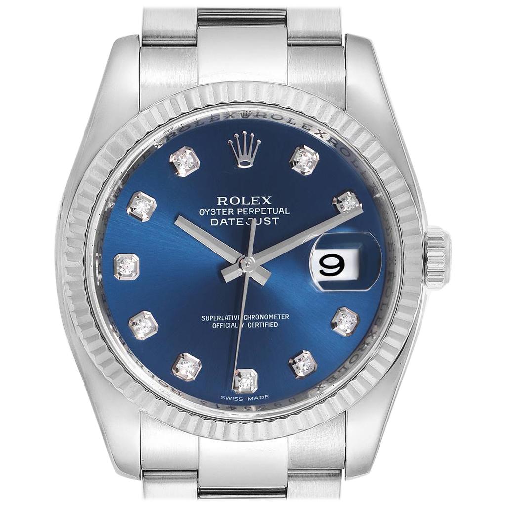 Rolex Datejust Steel White Gold Blue Diamond Dial Men's Watch 116234 For Sale