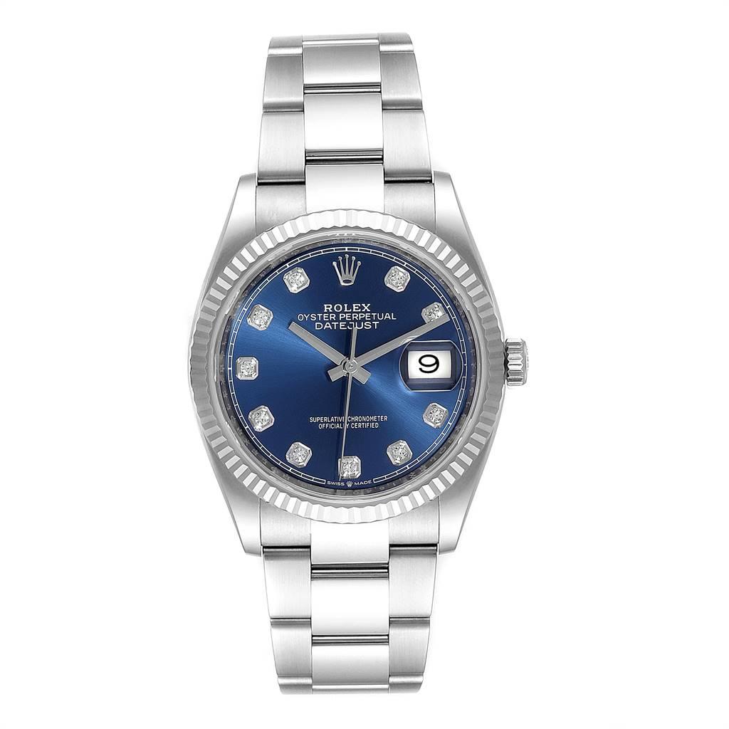 Rolex Datejust Steel White Gold Blue Diamond Dial Mens Watch 126234. Officially certified chronometer self-winding movement. Stainless steel case 36.0 mm in diameter. Rolex logo on a crown. 18K white gold fluted bezel. Scratch resistant sapphire