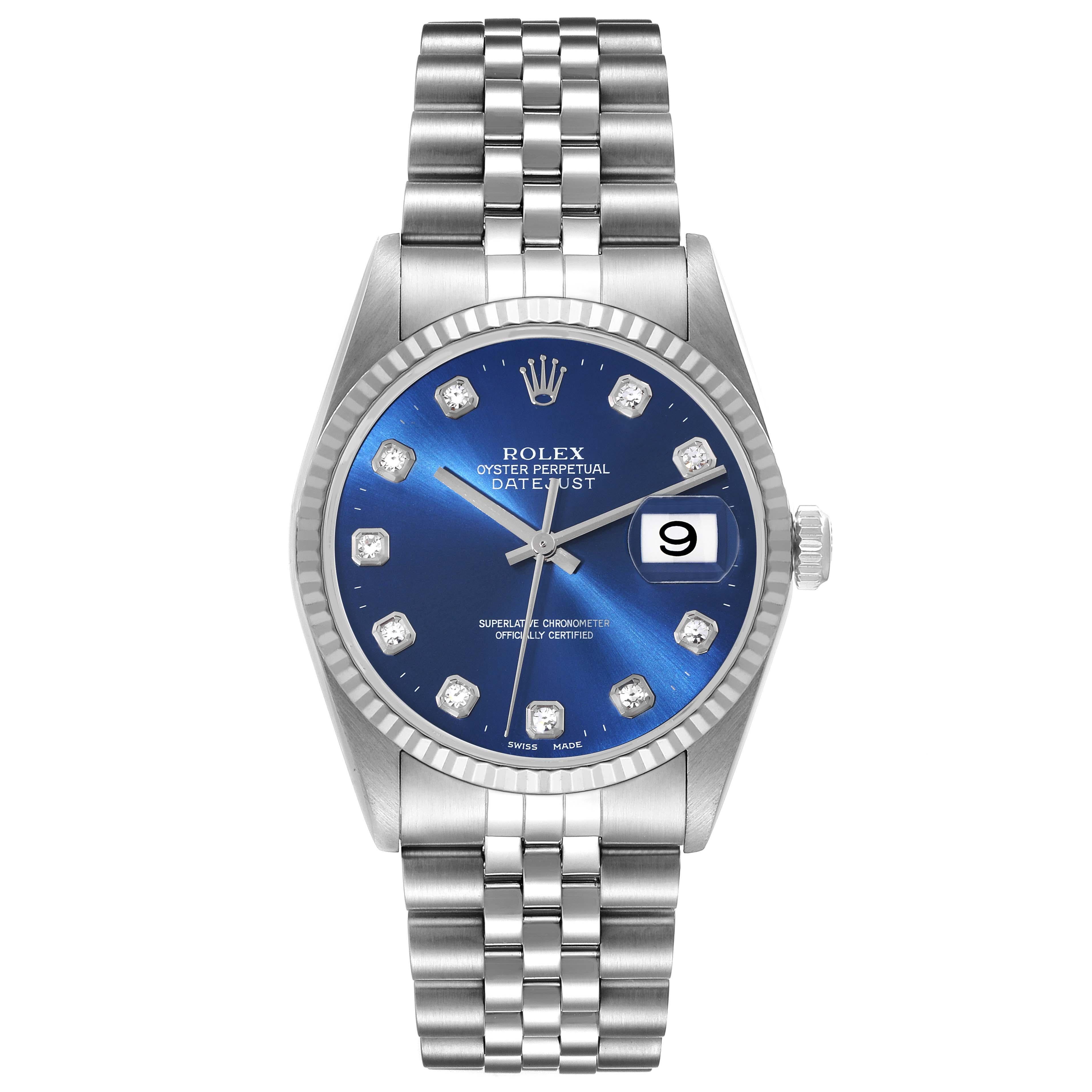 Rolex Datejust Steel White Gold Blue Diamond Dial Mens Watch 16234 Box Papers. Officially certified chronometer automatic self-winding movement. Stainless steel oyster case 36.0 mm in diameter. Rolex logo on a crown. 18k white gold fluted bezel.