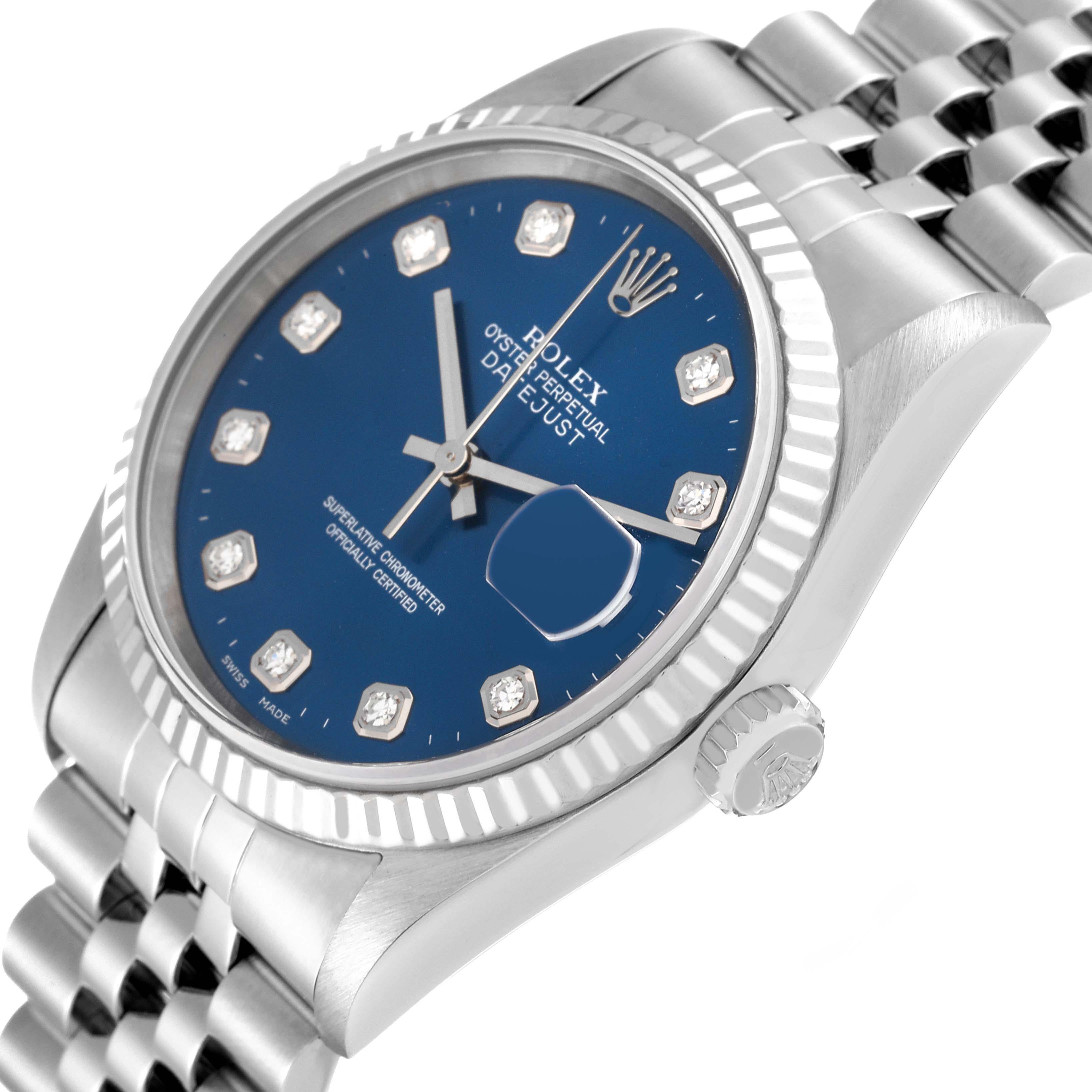 Rolex Datejust Steel White Gold Blue Diamond Dial Mens Watch 16234 Box Papers In Good Condition In Atlanta, GA