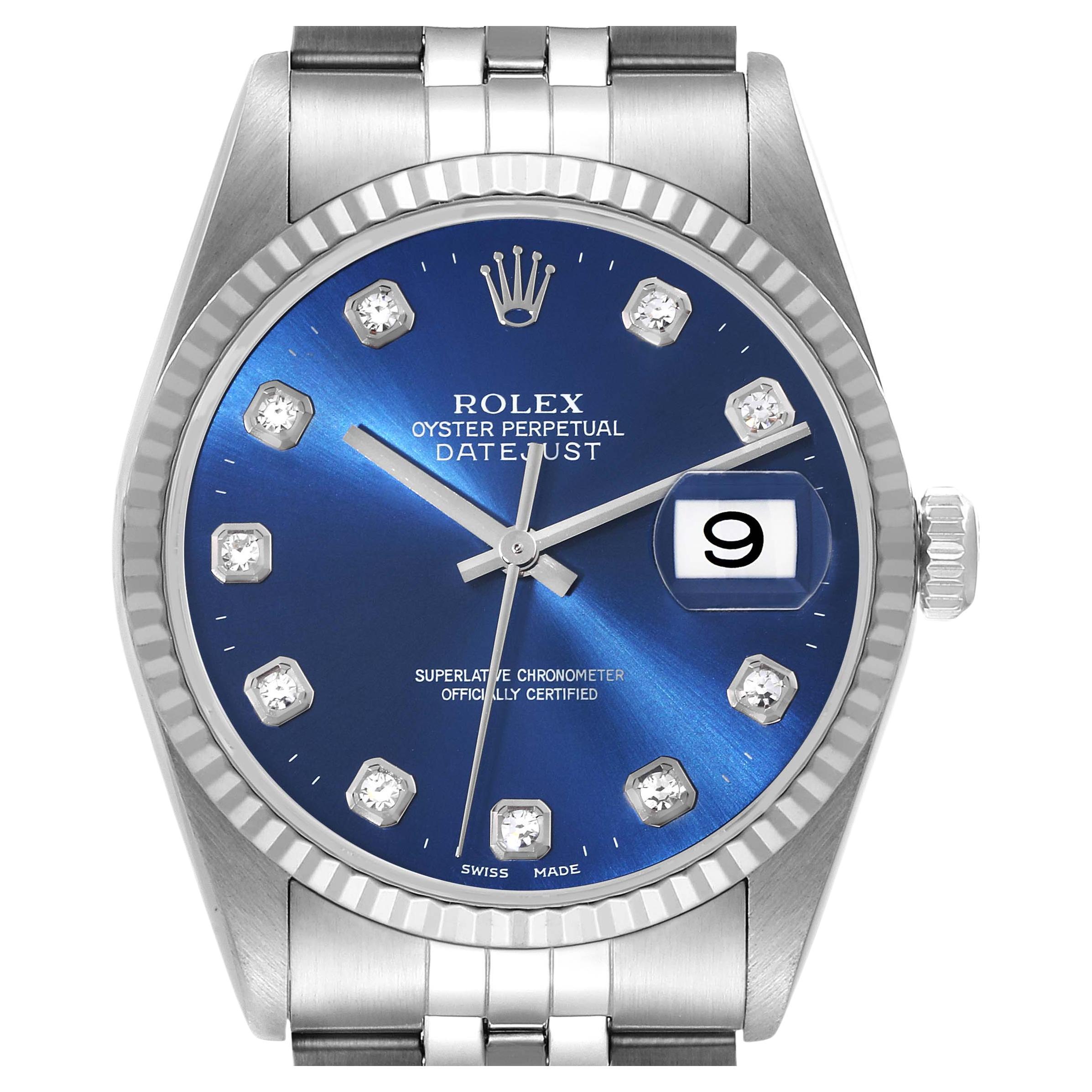 Rolex Datejust Steel White Gold Blue Diamond Dial Mens Watch 16234 Box Papers