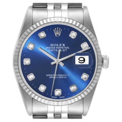 Rolex Datejust Steel White Gold Blue Diamond Dial Mens Watch 16234 Box Papers