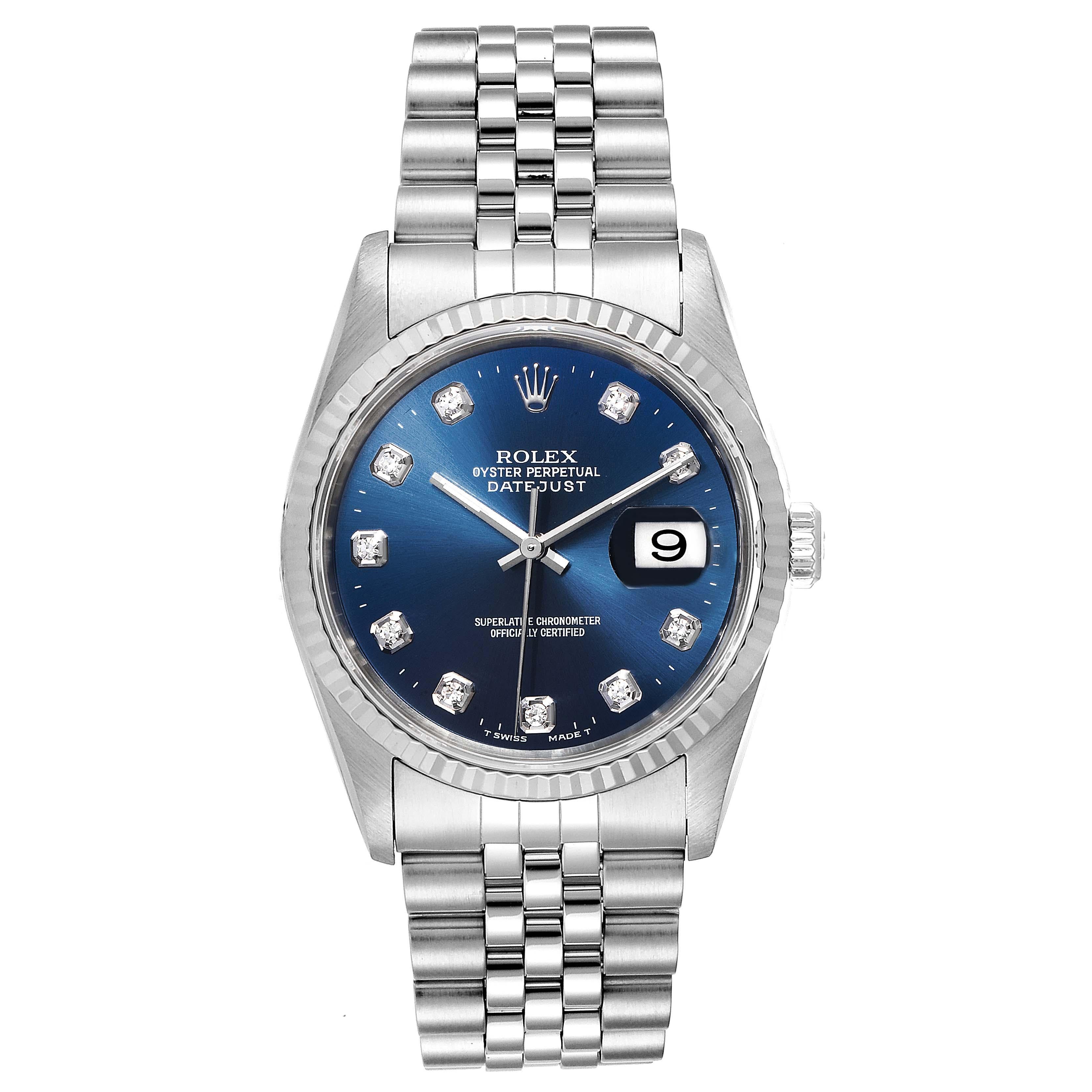 Rolex Datejust Steel White Gold Blue Diamond Dial Mens Watch 16234. Officially certified chronometer self-winding movement. Stainless steel oyster case 36.0 mm in diameter. Rolex logo on a crown. 18k white gold fluted bezel. Scratch resistant