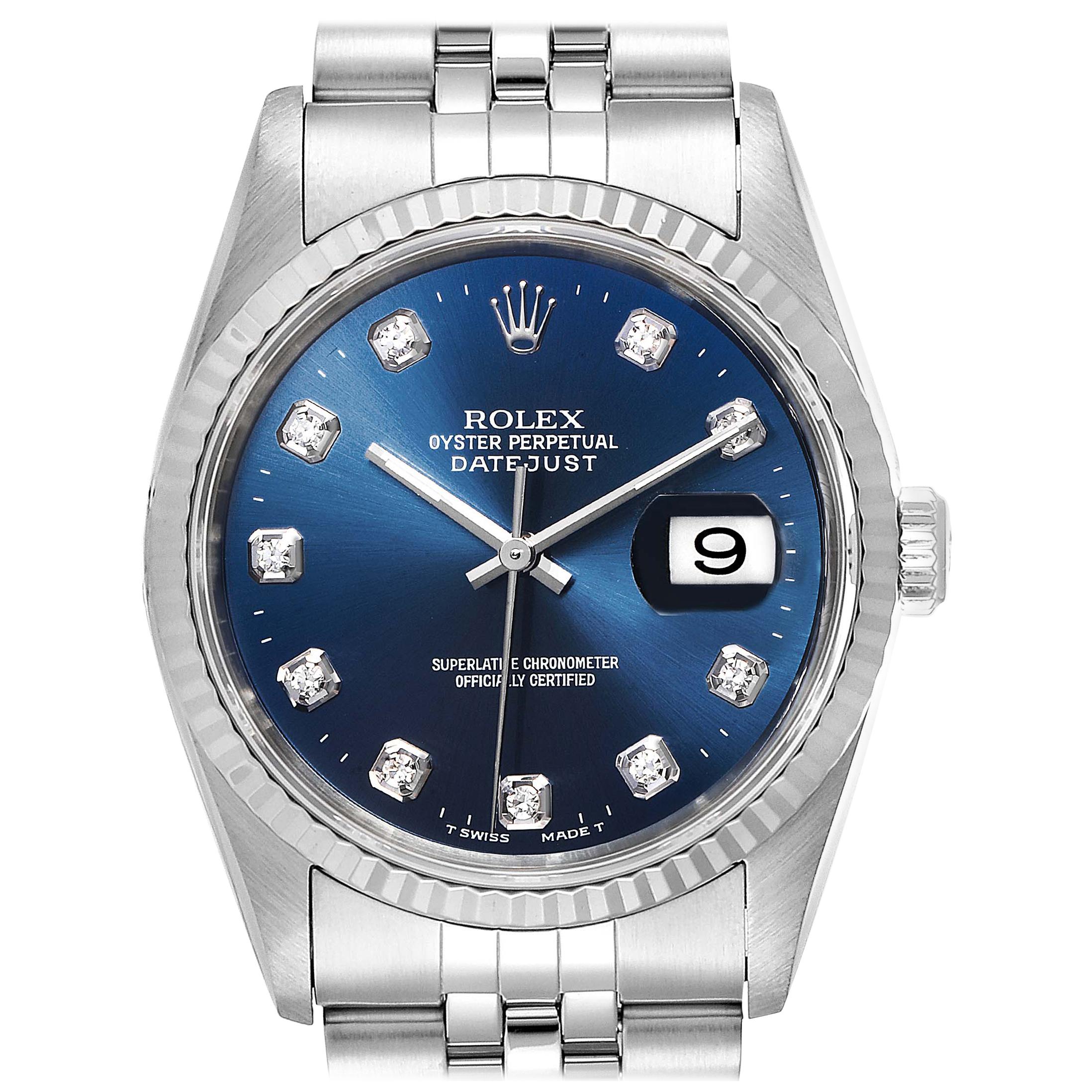 Rolex Datejust Steel White Gold Blue Diamond Dial Men's Watch 16234 For Sale