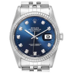 Rolex Datejust Steel White Gold Blue Diamond Dial Men's Watch 16234