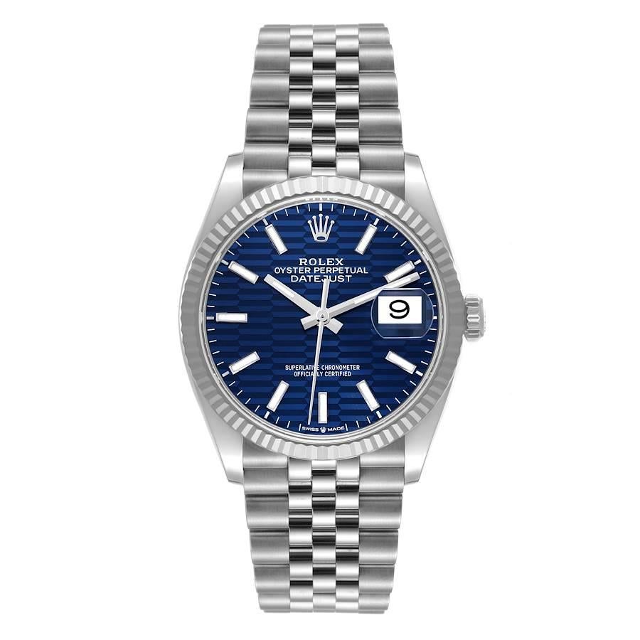 Rolex Datejust Steel White Gold Blue Fluted Dial Mens Watch 126234 Box Card. Officially certified chronometer self-winding movement. Stainless steel case 36.0 mm in diameter.  Rolex logo on a crown. 18K white gold fluted bezel. Scratch resistant