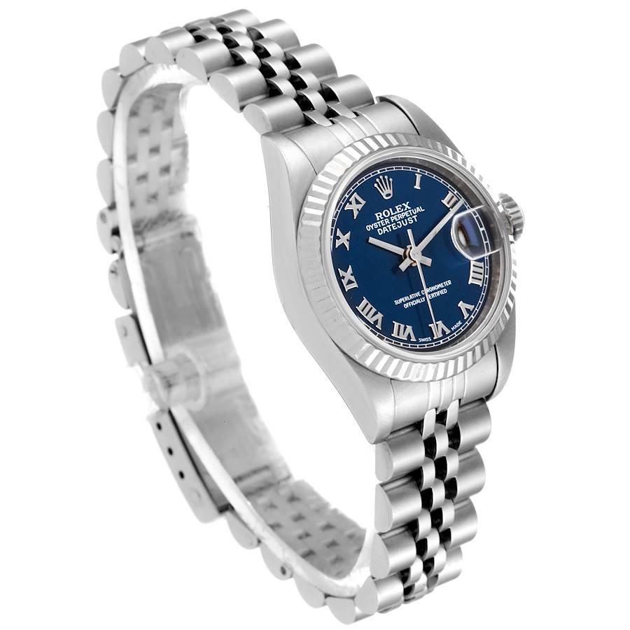 Rolex Datejust Steel White Gold Blue Roman Dial Ladies Watch 69174 In Excellent Condition For Sale In Atlanta, GA