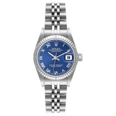 Rolex Datejust Steel White Gold Blue Roman Dial Ladies Watch 69174 Papers