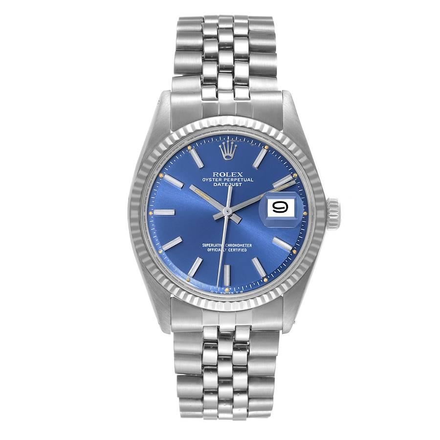 Rolex Datejust Steel White Gold Blue Sigma Dial Vintage Mens Watch 1601. Officially certified chronometer automatic self-winding movement. Stainless steel oyster case 36 mm in diameter. Rolex logo on the crown. 18k white gold fluted bezel. Acrylic