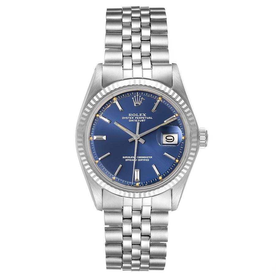 Rolex Datejust Steel White Gold Blue Sigma Dial Vintage Watch 1601. Officially certified chronometer self-winding movement. Stainless steel oyster case 36 mm in diameter. Rolex logo on a crown. 18k white gold fluted bezel. Acrylic crystal with