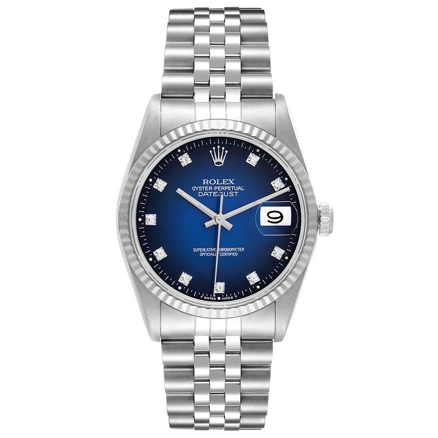 Rolex Datejust Steel White Gold Blue Vignette Diamond Dial Mens Watch 16234. Officially certified chronometer automatic self-winding movement. Stainless steel case 36.0 mm in diameter.  Rolex logo on the crown. 18K white gold fluted bezel. Scratch