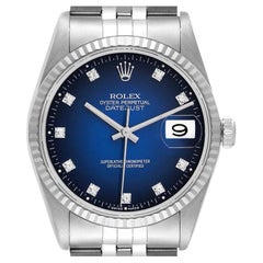 Rolex Datejust Steel White Gold Blue Vignette Diamond Dial Mens Watch 16234