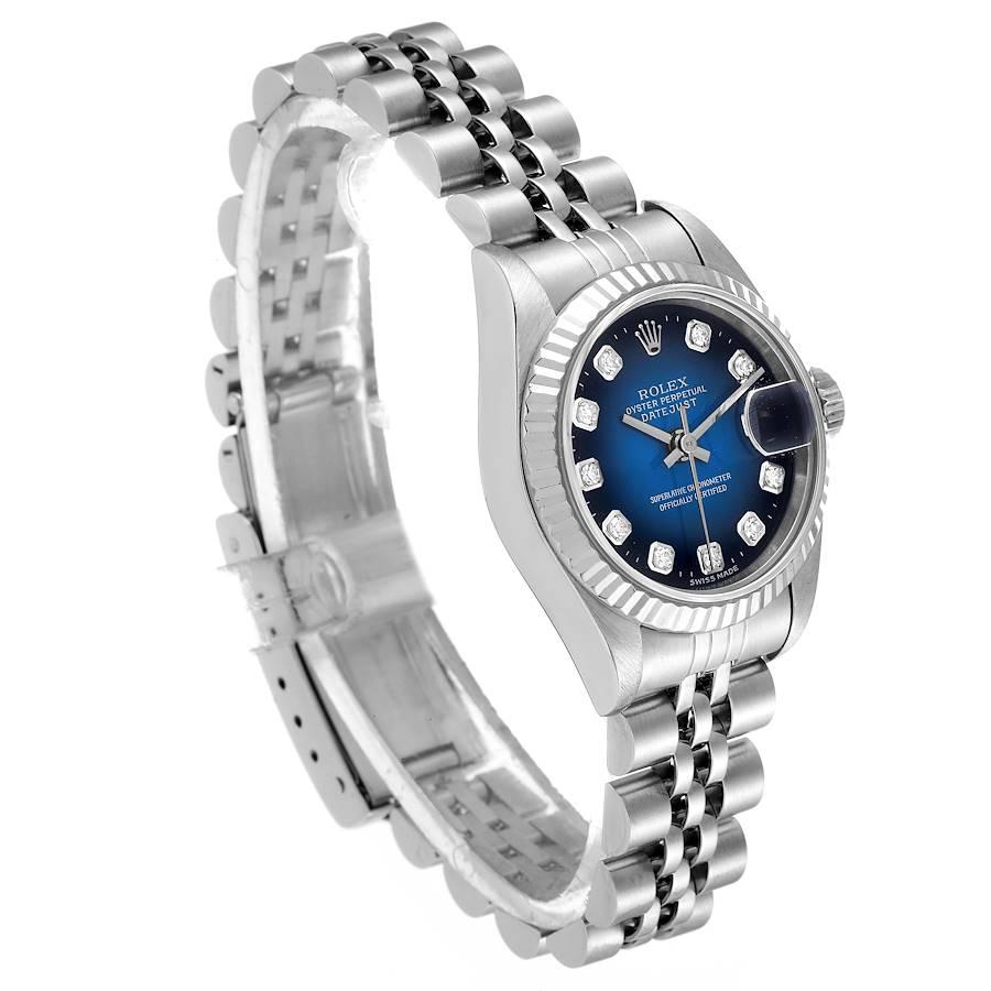 Rolex Datejust Steel White Gold Blue Vignette Diamond Ladies Watch 69174 In Excellent Condition For Sale In Atlanta, GA