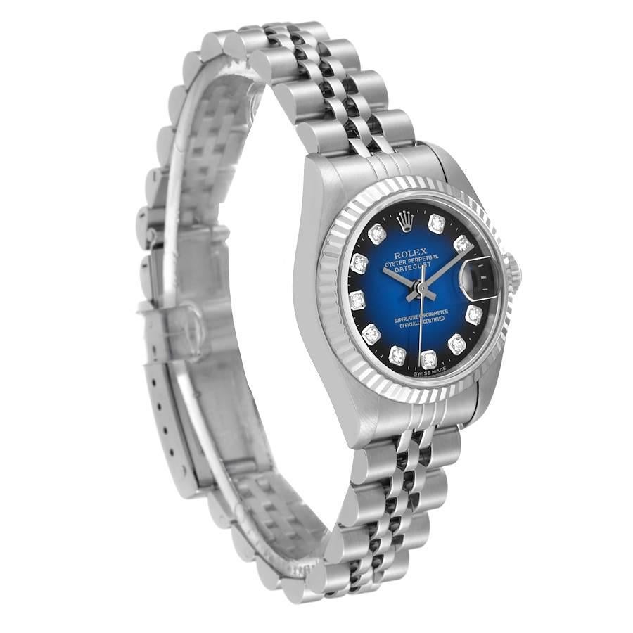 Rolex Datejust Steel White Gold Blue Vignette Diamond Ladies Watch 69174 In Excellent Condition In Atlanta, GA