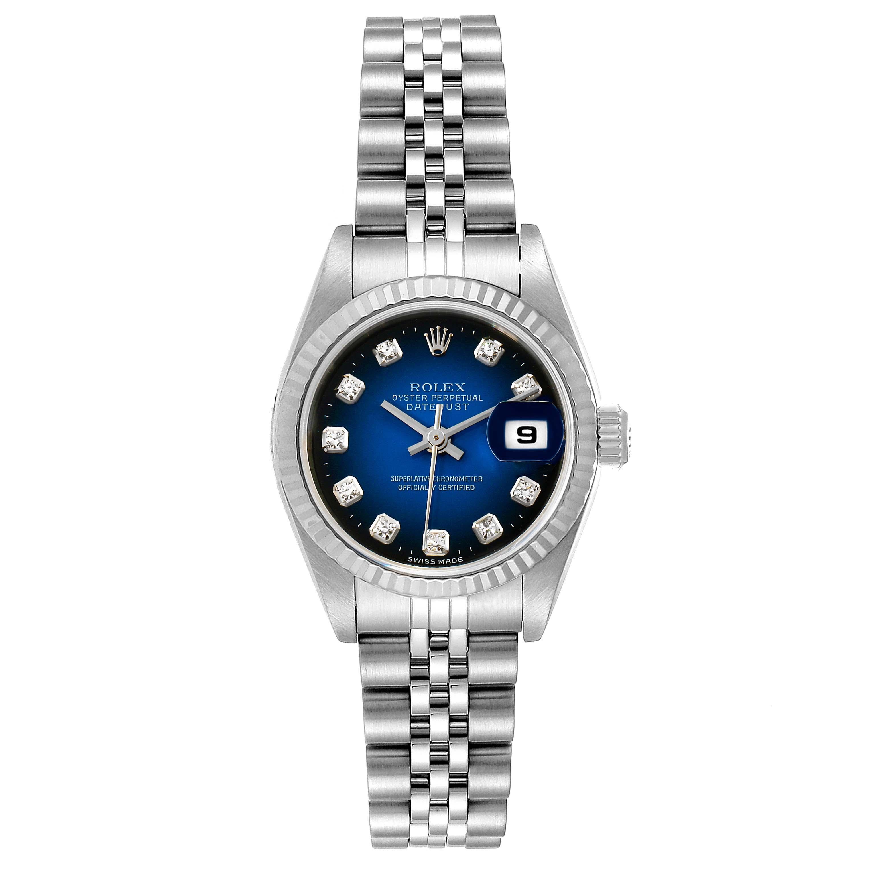 Rolex Datejust Steel White Gold Blue Vignette Diamond Ladies Watch 79174. Officially certified chronometer self-winding movement. Stainless steel oyster case 26.0 mm in diameter. Rolex logo on a crown. 18k white gold fluted bezel. Scratch resistant
