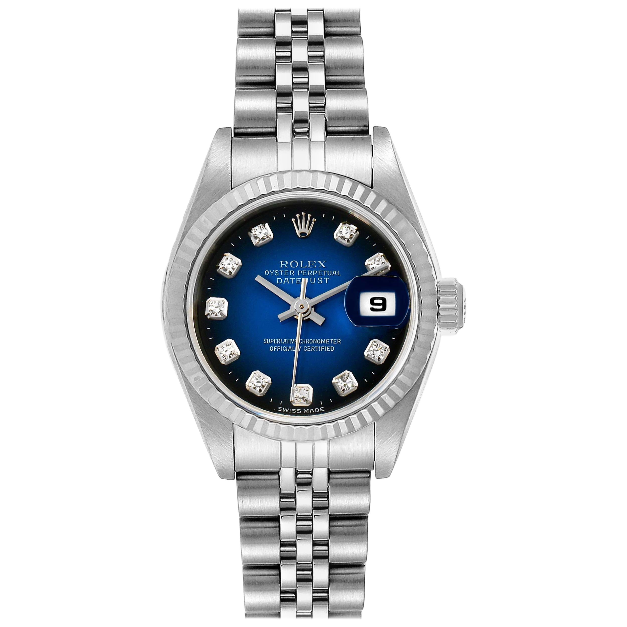 Rolex Datejust Steel White Gold Blue Vignette Diamond Ladies Watch 79174
