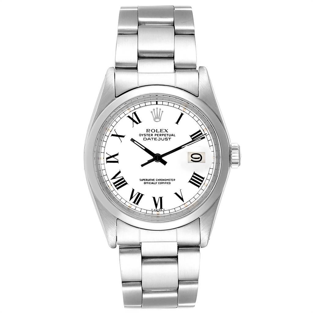 Rolex Datejust Steel White Gold Buckley Dial Vintage Mens Watch 1600. Automatic self-winding movement. Stainless steel oyster case 36.0 mm in diameter. Rolex logo on a crown. Stainless steel smooth domed bezel. Scratch resistant sapphire crystal