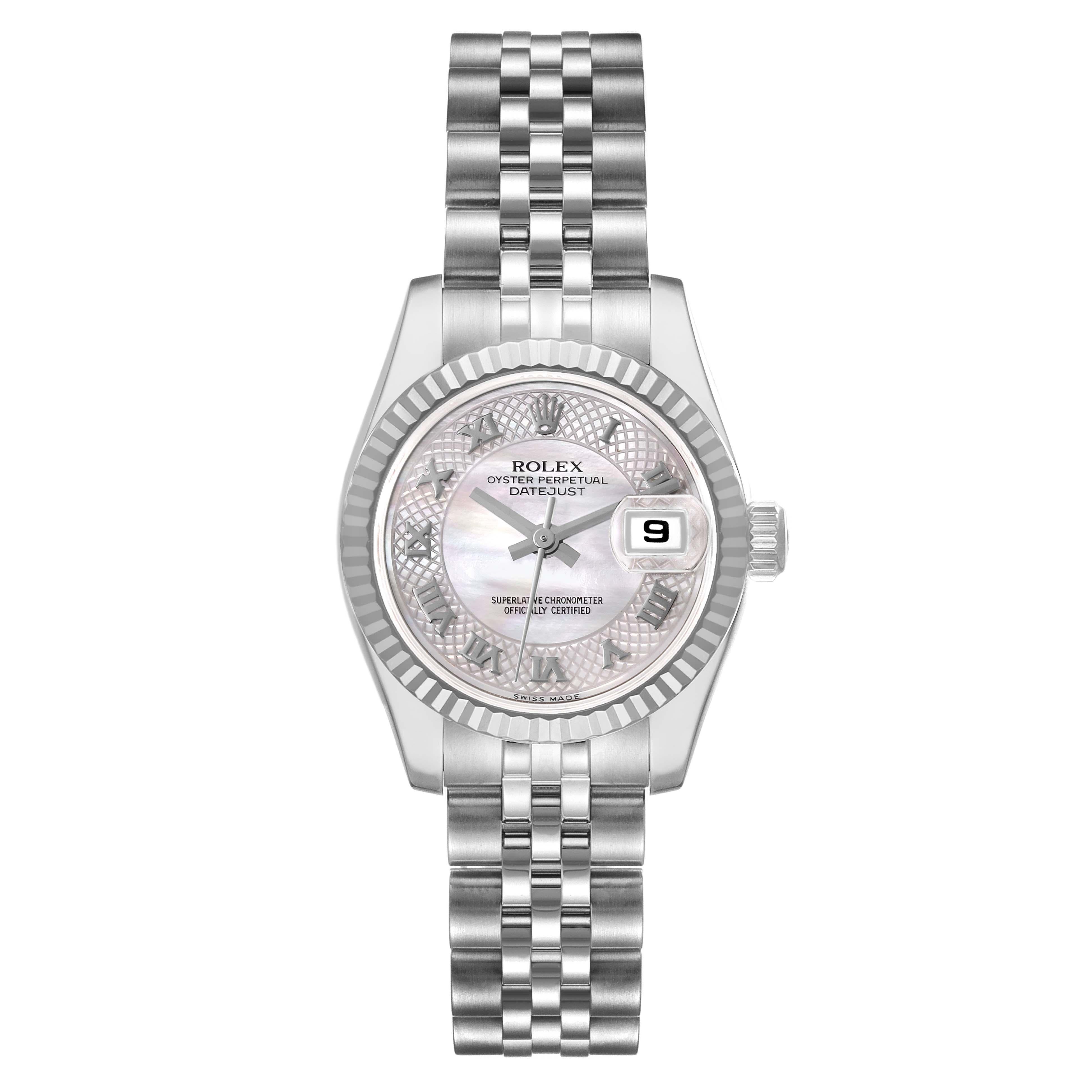 Rolex Datejust Steel White Gold Decorated MOP Ladies Watch 179174 Box Card. Officially certified chronometer automatic self-winding movement. Stainless steel oyster case 26.0 mm in diameter. Rolex logo on the crown. 18K white gold fluted bezel.