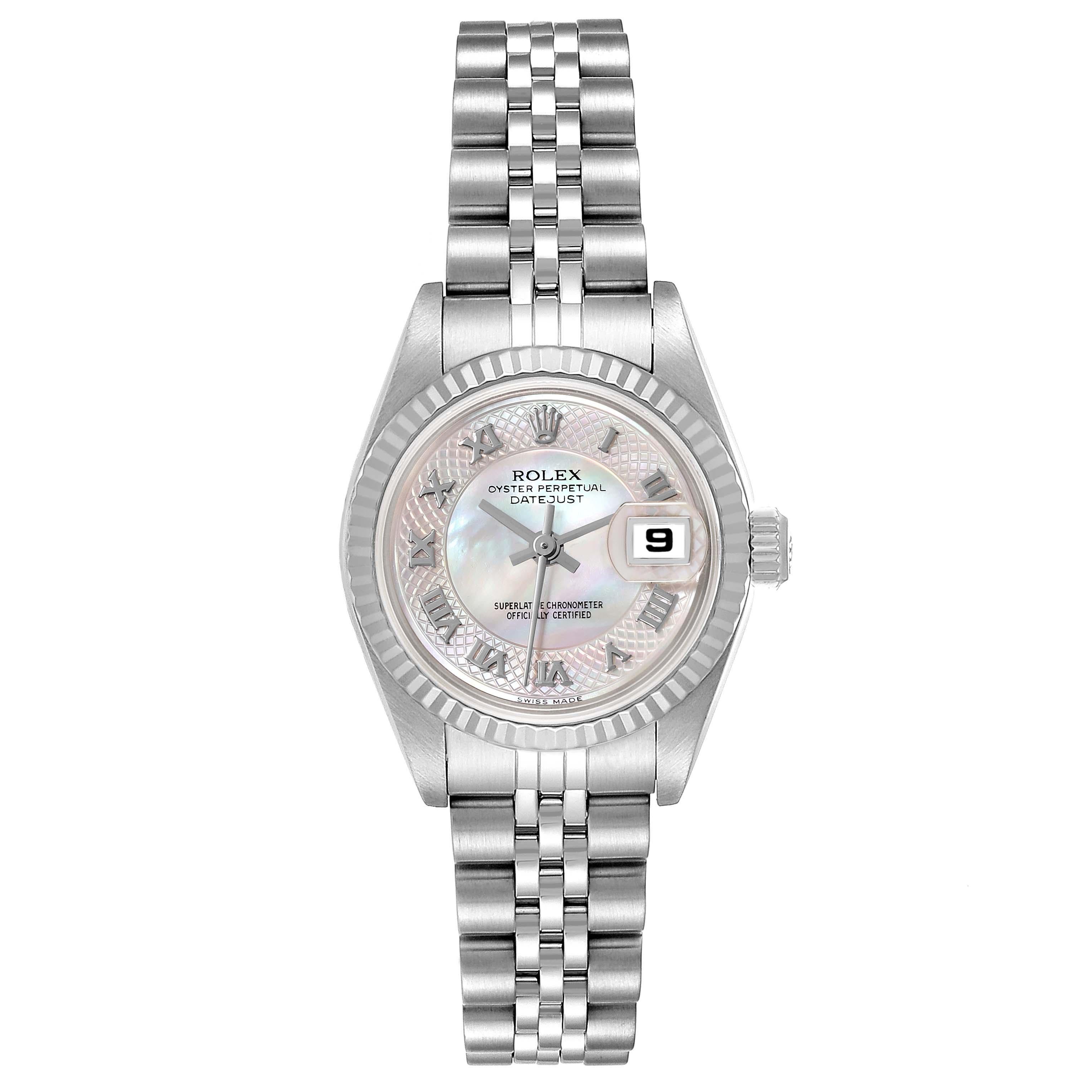 Rolex Datejust Steel White Gold Decorated Mother Of Pearl Ladies Watch 79174. Officially certified chronometer automatic self-winding movement. Stainless steel oyster case 26.0 mm in diameter. Rolex logo on a crown. 18K white gold fluted bezel.