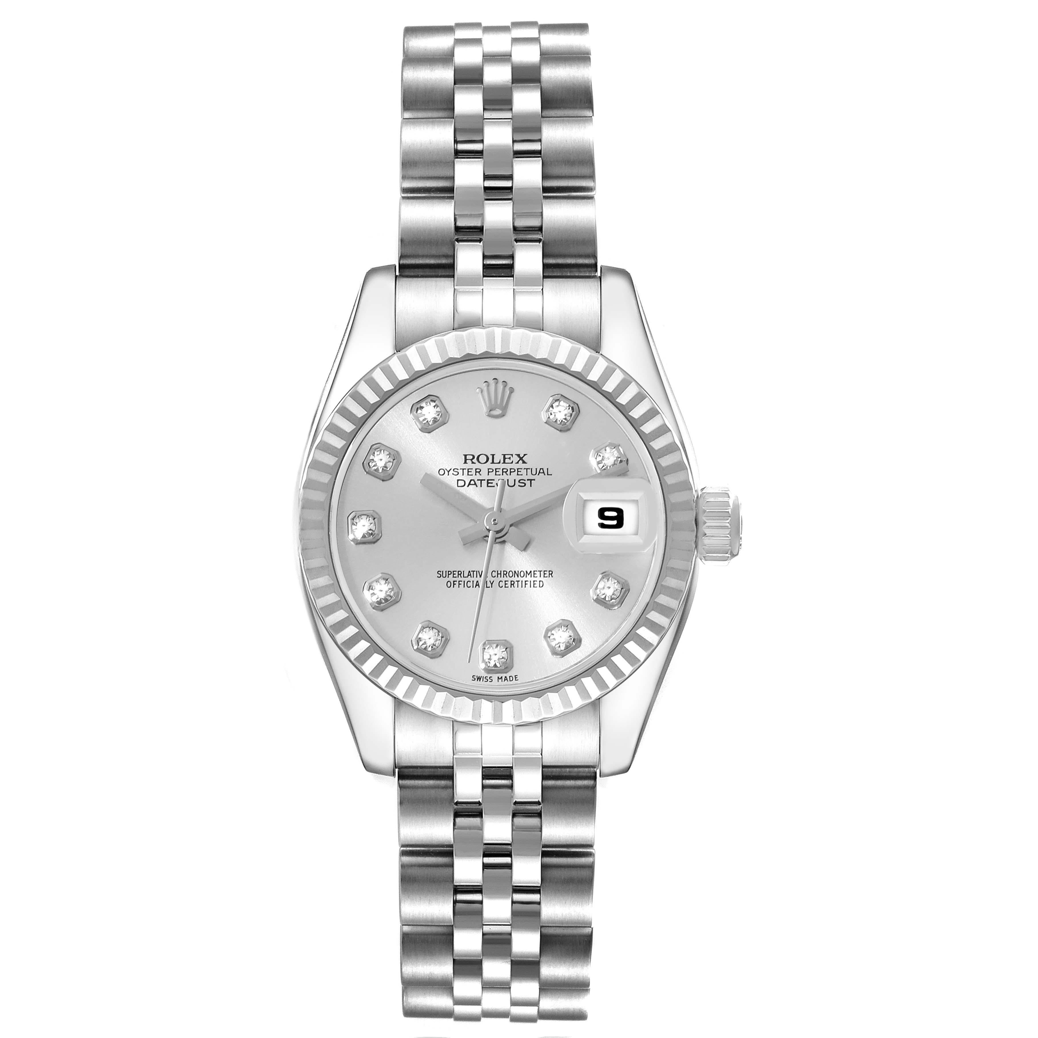 Rolex Datejust Steel White Gold Diamond Dial Ladies Watch 179174 Box Card. Officially certified chronometer automatic self-winding movement. Stainless steel oyster case 26.0 mm in diameter. Rolex logo on the crown. 18K white gold fluted bezel.