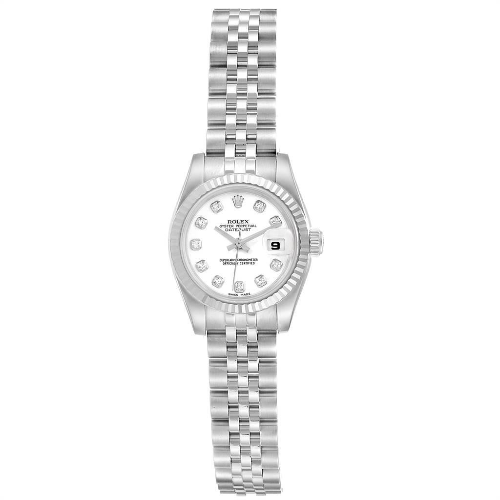 Rolex Datejust Steel White Gold Diamond Dial Ladies Watch 179174. Officially certified chronometer self-winding movement with quickset date function. Stainless steel oyster case 26.0 mm in diameter. Rolex logo on a crown. 18K white gold fluted