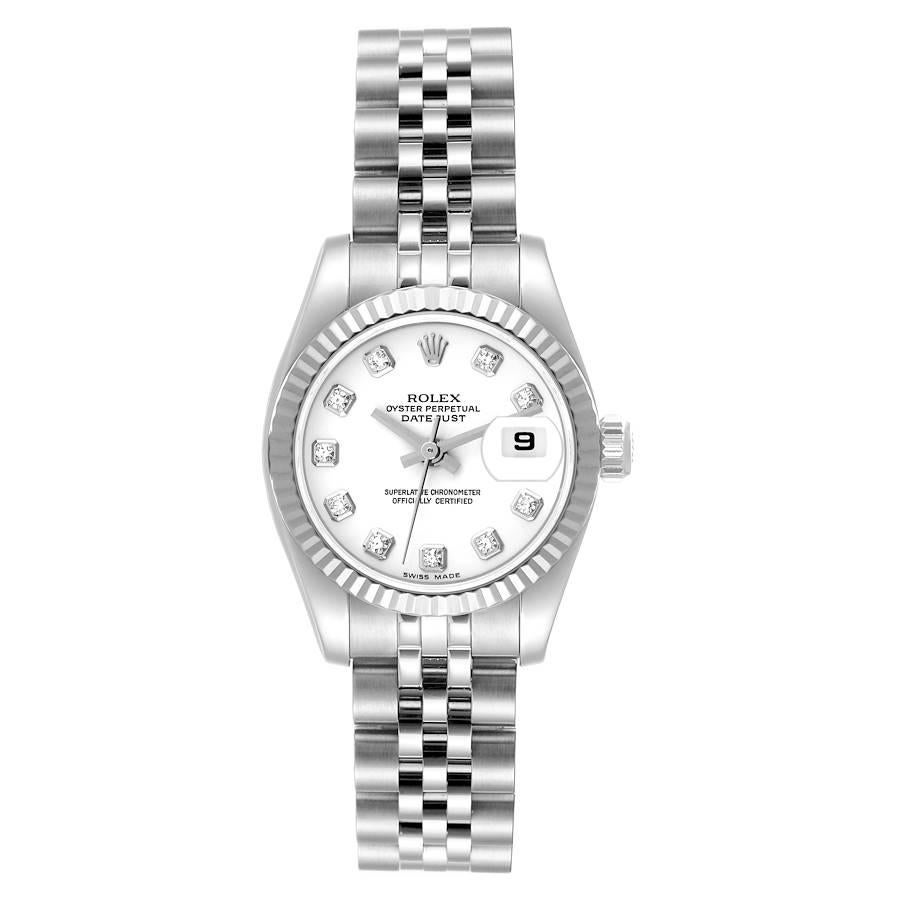 Rolex Datejust Steel White Gold Diamond Dial Ladies Watch 179174. Officially certified chronometer self-winding movement. Stainless steel oyster case 26.0 mm in diameter. Rolex logo on a crown. 18K white gold fluted bezel. Scratch resistant sapphire