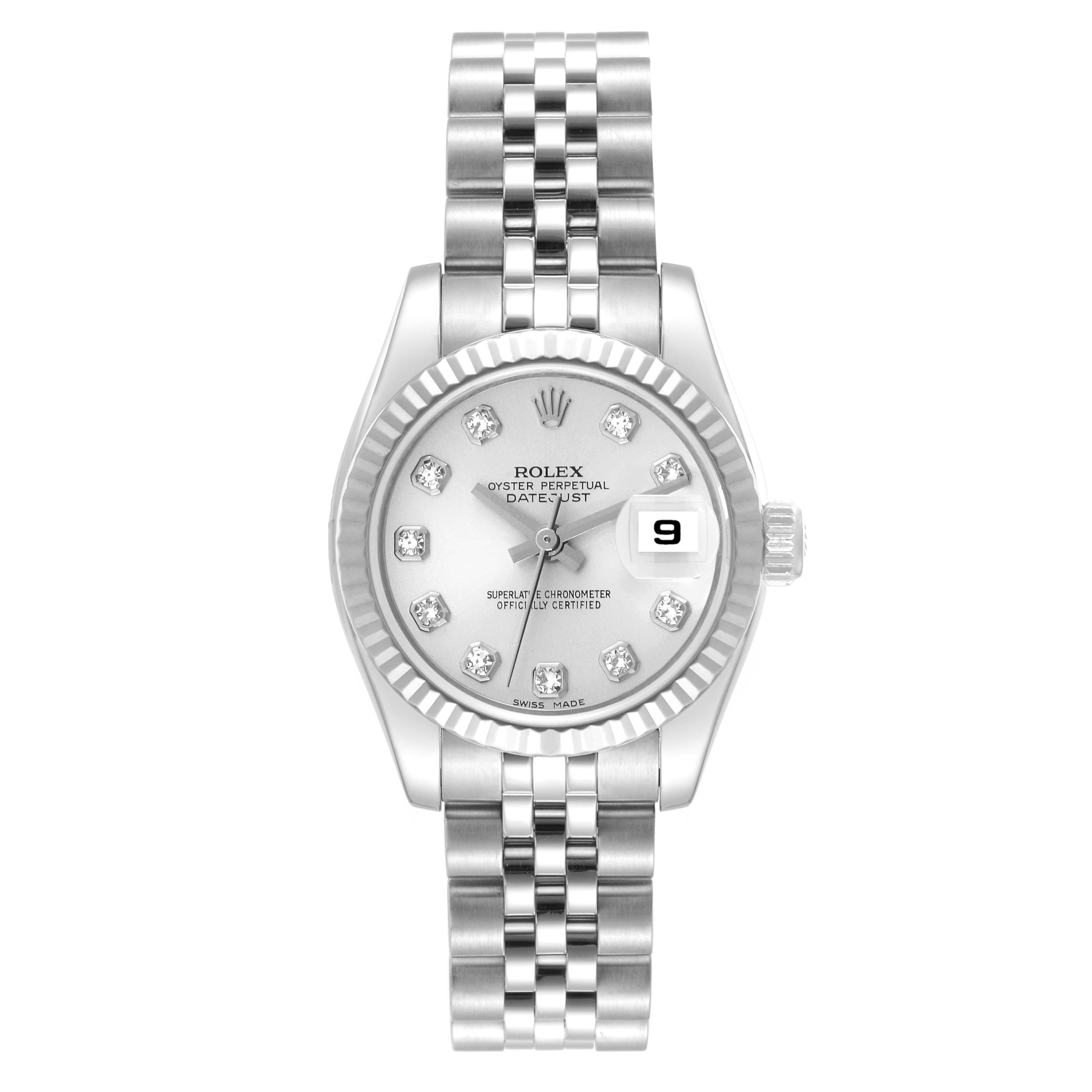 Rolex Datejust Steel White Gold Diamond Dial Ladies Watch 179174. Officially certified chronometer automatic self-winding movement. Stainless steel oyster case 26.0 mm in diameter. Rolex logo on the crown. 18K white gold fluted bezel. Scratch