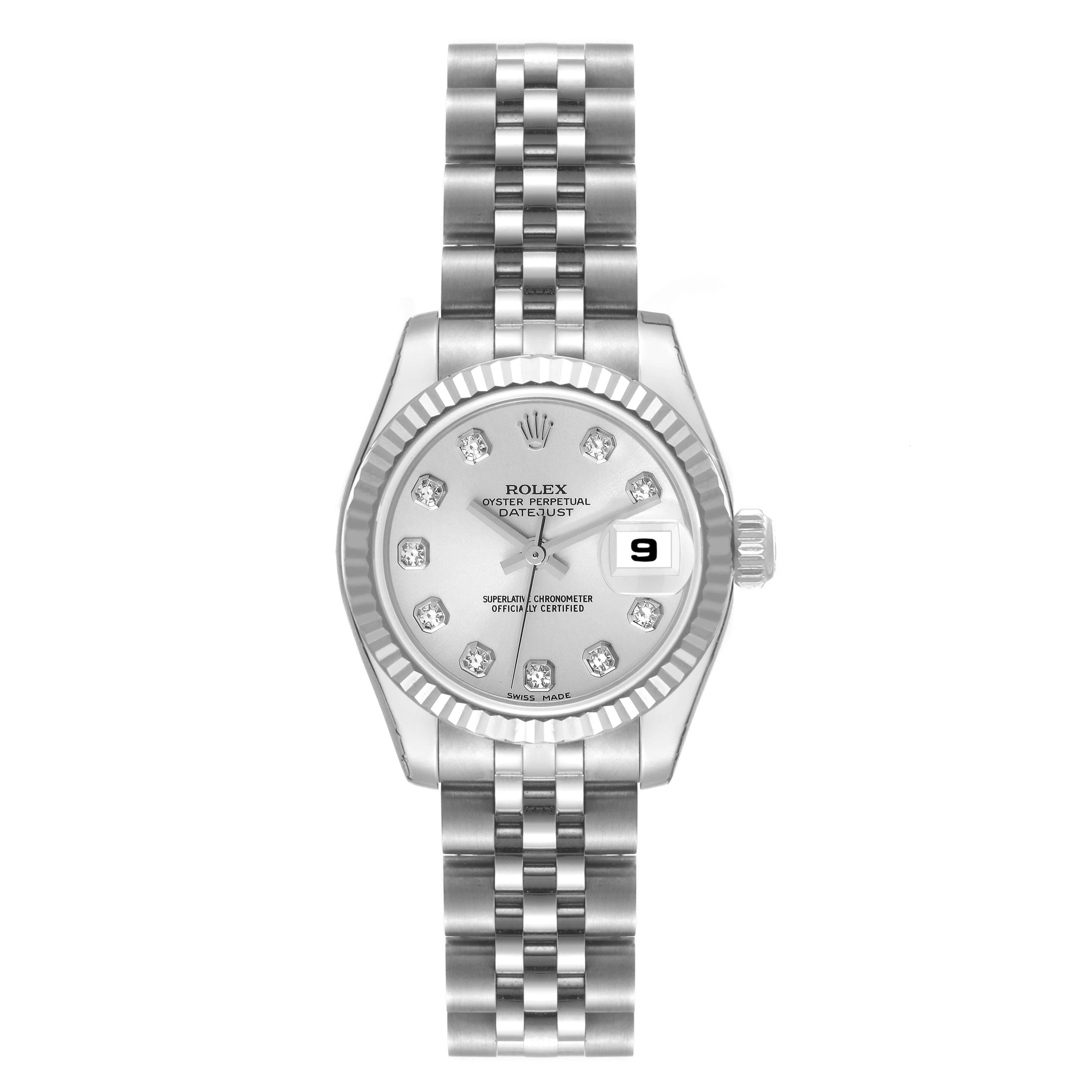 Rolex Datejust Steel White Gold Diamond Dial Ladies Watch 179174 Unworn NOS. Officially certified chronometer automatic self-winding movement. Stainless steel oyster case 26.0 mm in diameter. Rolex logo on the crown. 18K white gold fluted bezel.