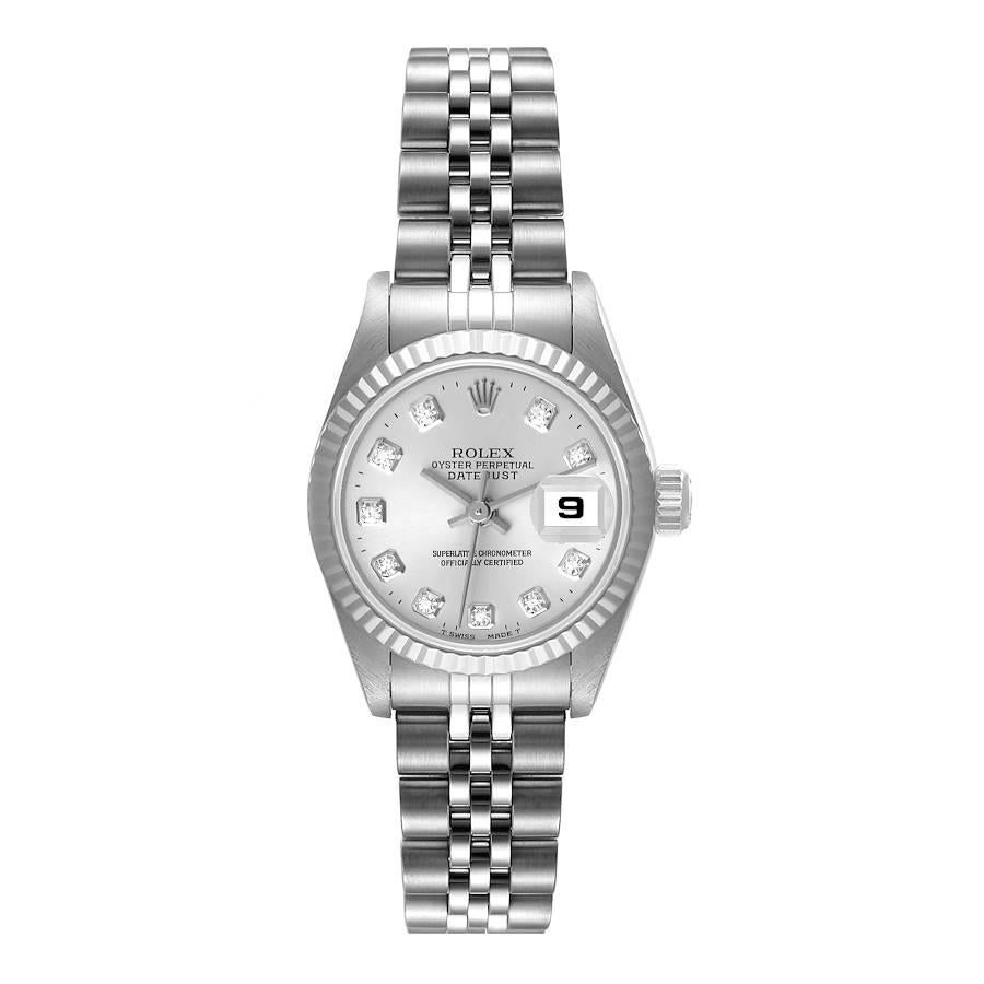 Rolex Datejust Steel White Gold Diamond Dial Ladies Watch 69174 Box Papers. Officially certified chronometer self-winding movement. Stainless steel oyster case 26.0 mm in diameter. Rolex logo on a crown. 18k white gold fluted bezel. Scratch
