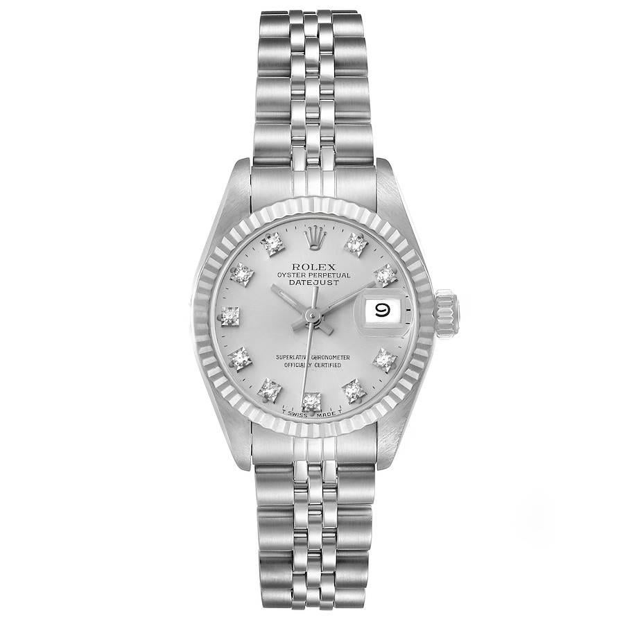 Rolex Datejust Steel White Gold Diamond Dial Ladies Watch 69174. Officially certified chronometer self-winding movement. Stainless steel oyster case 26.0 mm in diameter. Rolex logo on a crown. 18k white gold fluted bezel. Scratch resistant sapphire