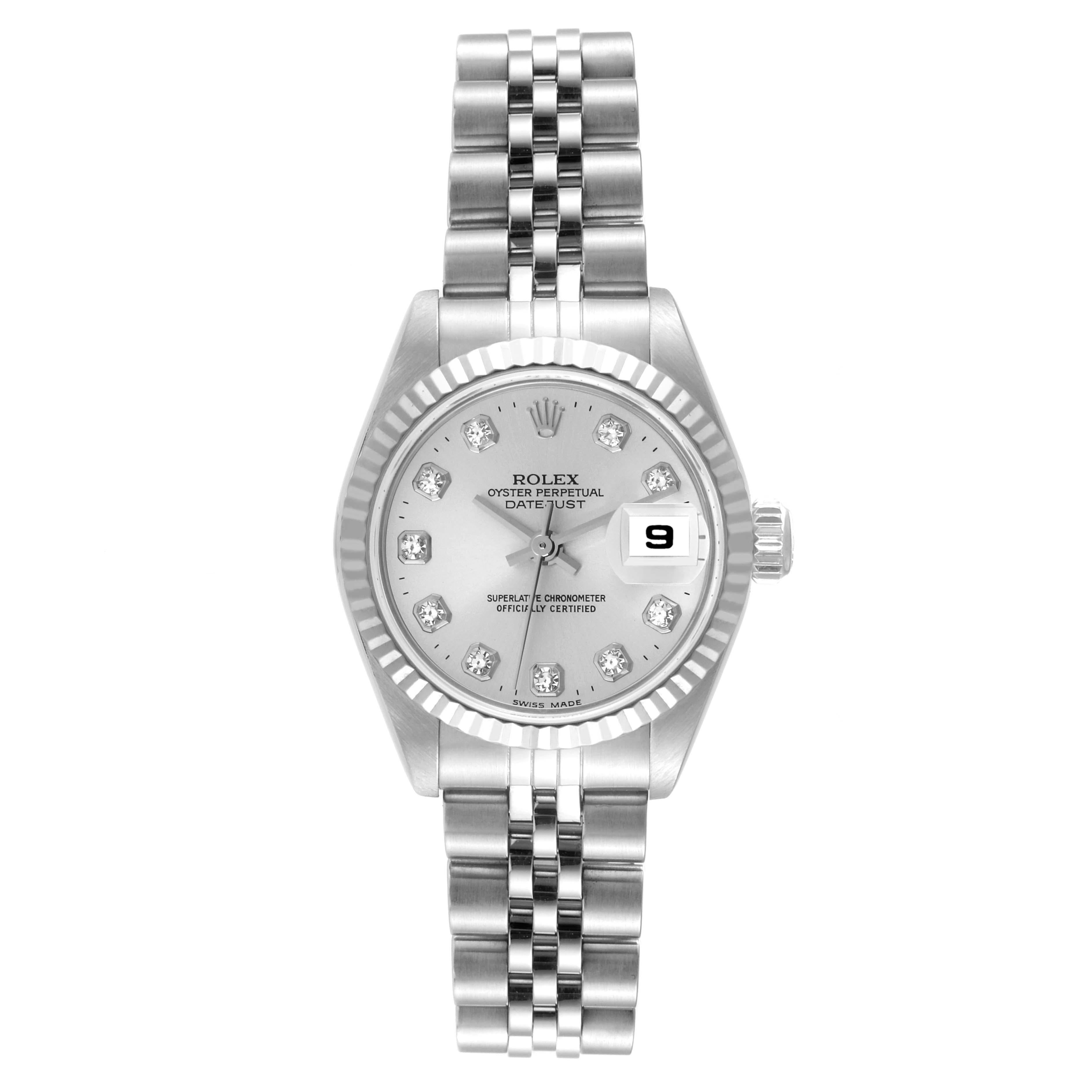 Rolex Datejust Steel White Gold Diamond Dial Ladies Watch 79174 Box Papers. Officially certified chronometer automatic self-winding movement. Stainless steel oyster case 26.0 mm in diameter. Rolex logo on a crown. 18K white gold fluted bezel.