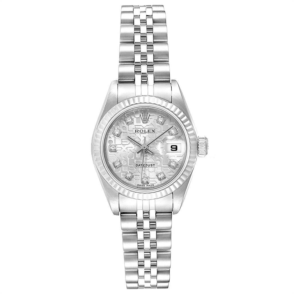 Rolex Datejust Steel White Gold Diamond Dial Ladies Watch 79174. Officially certified chronometer self-winding movement. Stainless steel oyster case 26.0 mm in diameter. Rolex logo on a crown. 18k white gold fluted bezel. Scratch resistant sapphire