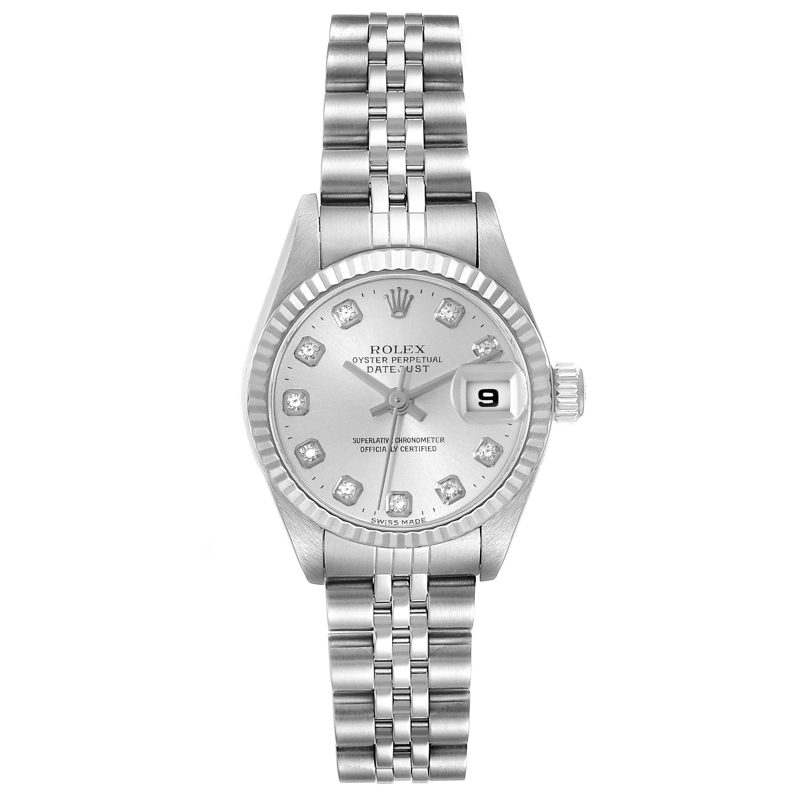 Rolex Datejust Steel White Gold Diamond Dial Ladies Watch 79174. Officially certified chronometer automatic self-winding movement. Stainless steel oyster case 26.0 mm in diameter. Rolex logo on a crown. 18K white gold fluted bezel. Scratch resistant