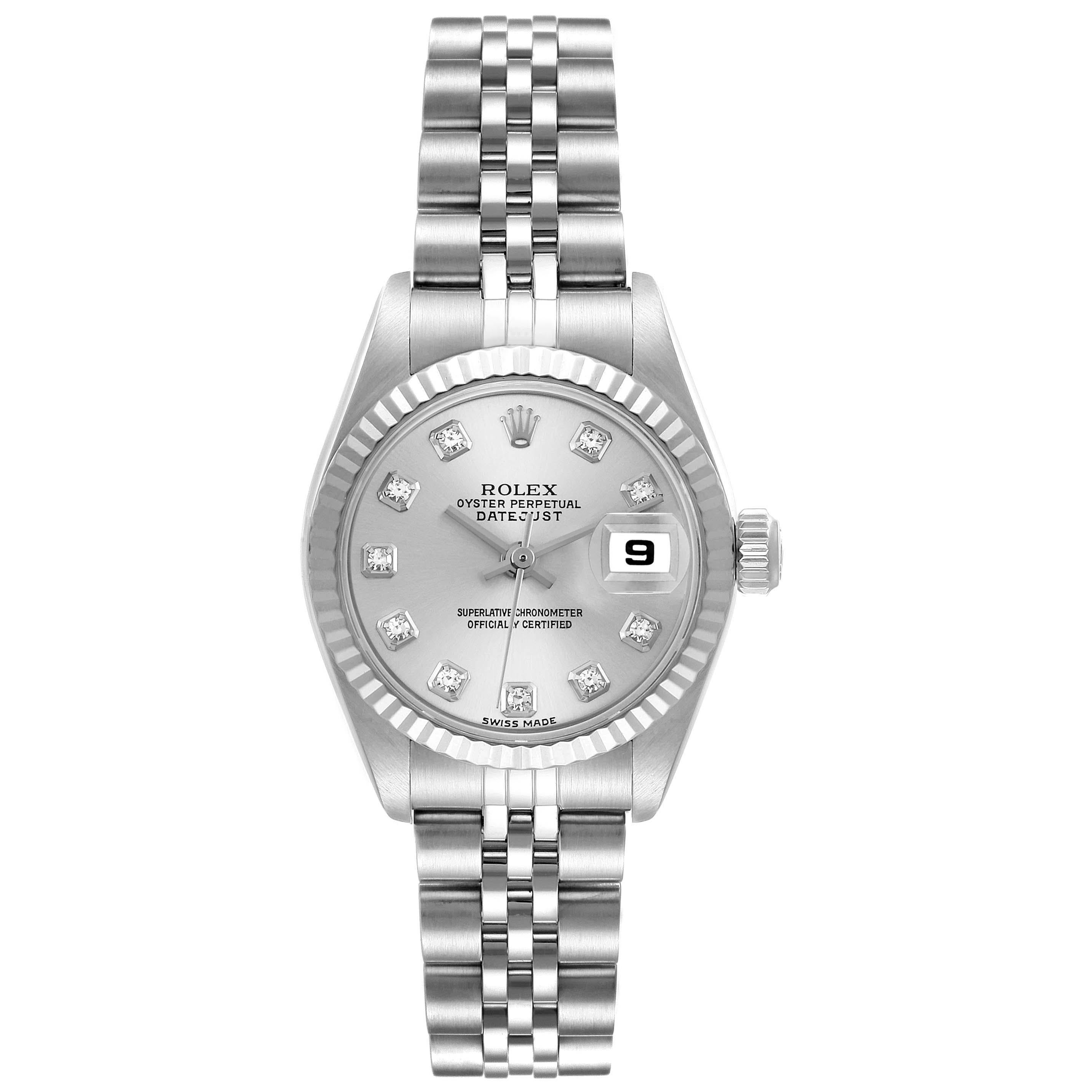 Rolex Datejust Steel White Gold Diamond Dial Ladies Watch 79174. Officially certified chronometer automatic self-winding movement. Stainless steel oyster case 26.0 mm in diameter. Rolex logo on a crown. 18K white gold fluted bezel. Scratch resistant