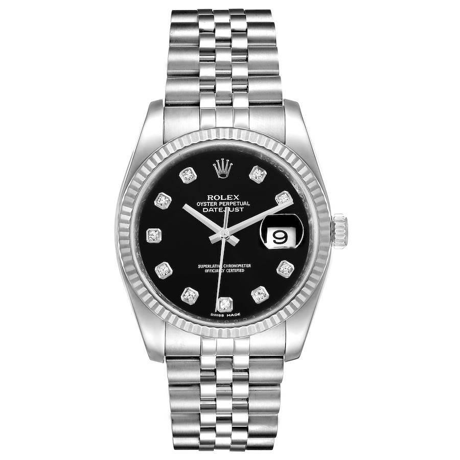 Rolex Datejust Steel White Gold Diamond Dial Mens Watch 116234 Box Card. Officially certified chronometer self-winding movement. Stainless steel case 36.0 mm in diameter. Rolex logo on a crown. 18K white gold fluted bezel. Scratch resistant sapphire