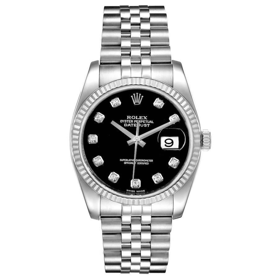 Rolex Datejust Steel White Gold Diamond Dial Mens Watch 116234 Box Card. Officially certified chronometer self-winding movement. Stainless steel case 36.0 mm in diameter. Rolex logo on a crown. 18K white gold fluted bezel. Scratch resistant sapphire