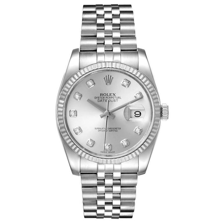 Rolex Datejust Steel White Gold Diamond Dial Mens Watch 116234. Officially certified chronometer self-winding movement. Stainless steel case 36.0 mm in diameter. Rolex logo on a crown. 18K white gold fluted bezel. Scratch resistant sapphire crystal