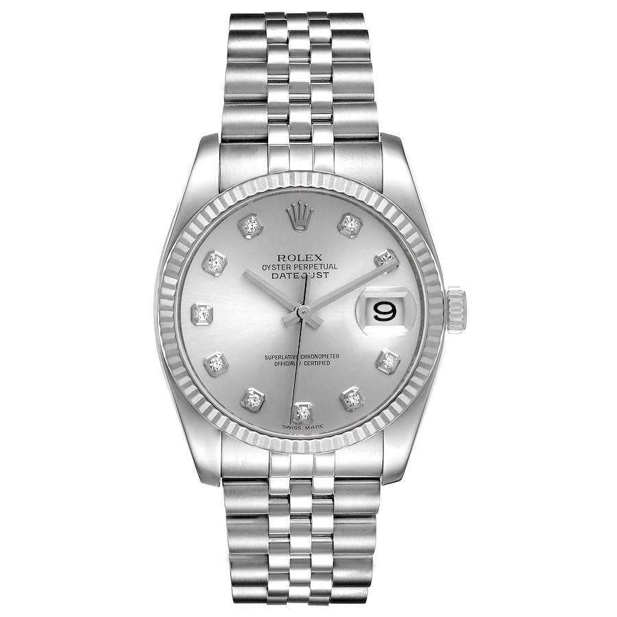 Rolex Datejust Steel White Gold Diamond Dial Mens Watch 116234. Officially certified chronometer self-winding movement. Stainless steel case 36.0 mm in diameter. Rolex logo on a crown. 18K white gold fluted bezel. Scratch resistant sapphire crystal