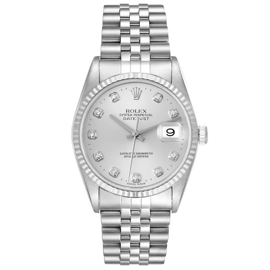 Rolex Datejust Steel White Gold Diamond Dial Mens Watch 16234 Box Papers. Officially certified chronometer self-winding movement. Stainless steel oyster case 36.0 mm in diameter. Rolex logo on a crown. 18k white gold fluted bezel. Scratch resistant