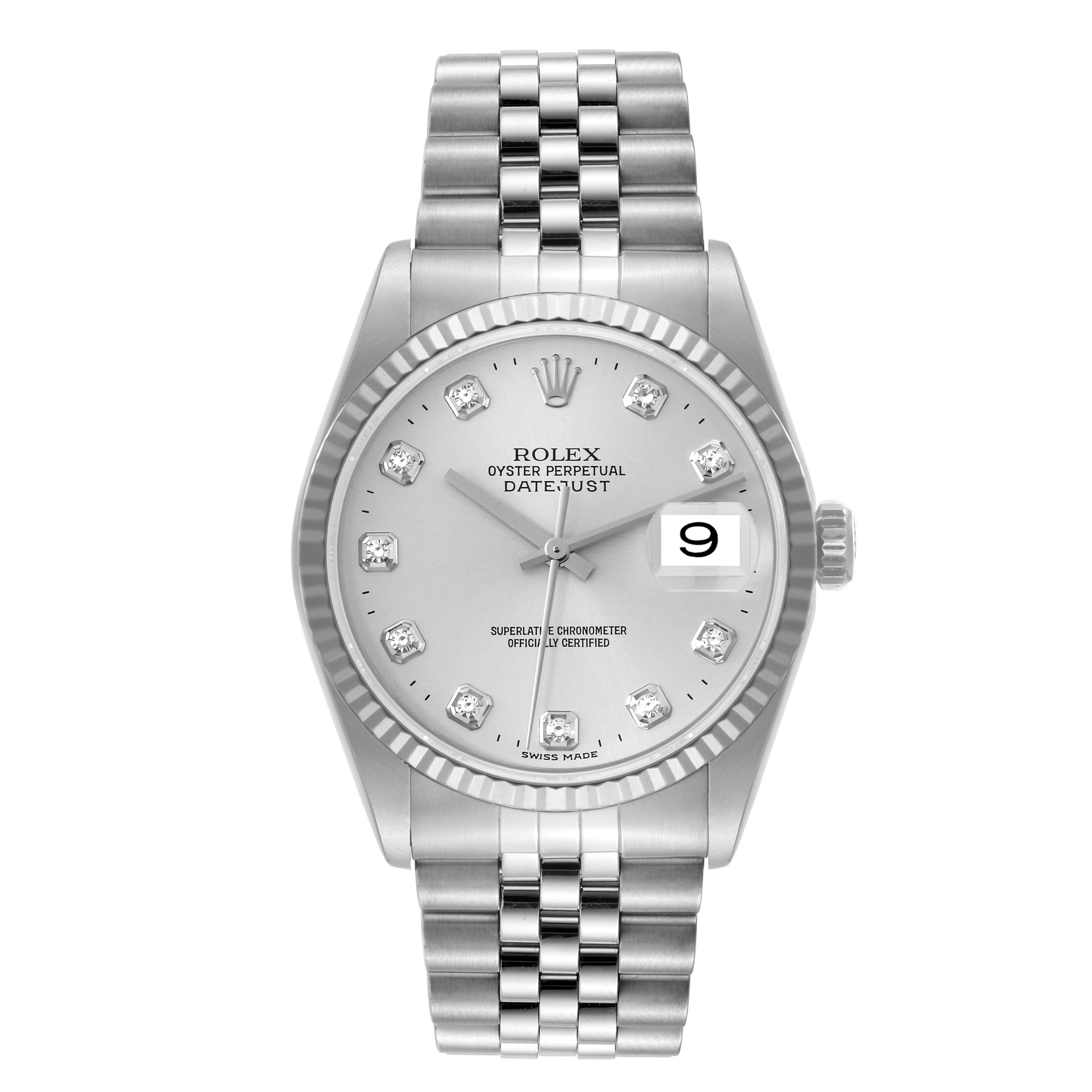 Rolex Datejust Steel White Gold Diamond Dial Mens Watch 16234. Officially certified chronometer self-winding movement. Stainless steel oyster case 36.0 mm in diameter. Rolex logo on a crown. 18k white gold fluted bezel. Scratch resistant sapphire