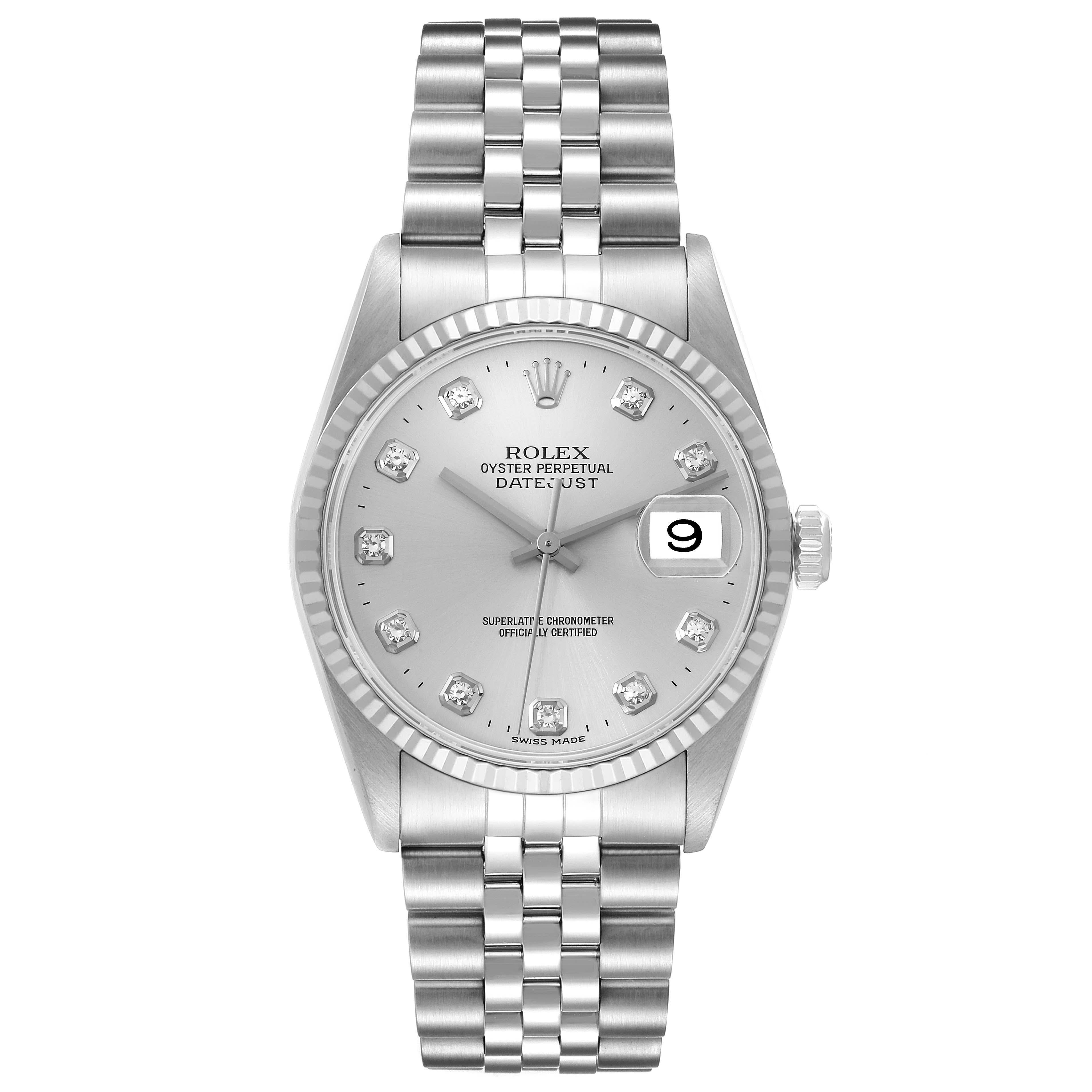 Rolex Datejust Steel White Gold Diamond Dial Mens Watch 16234. Officially certified chronometer automatic self-winding movement. Stainless steel oyster case 36.0 mm in diameter. Rolex logo on a crown. 18k white gold fluted bezel. Scratch resistant