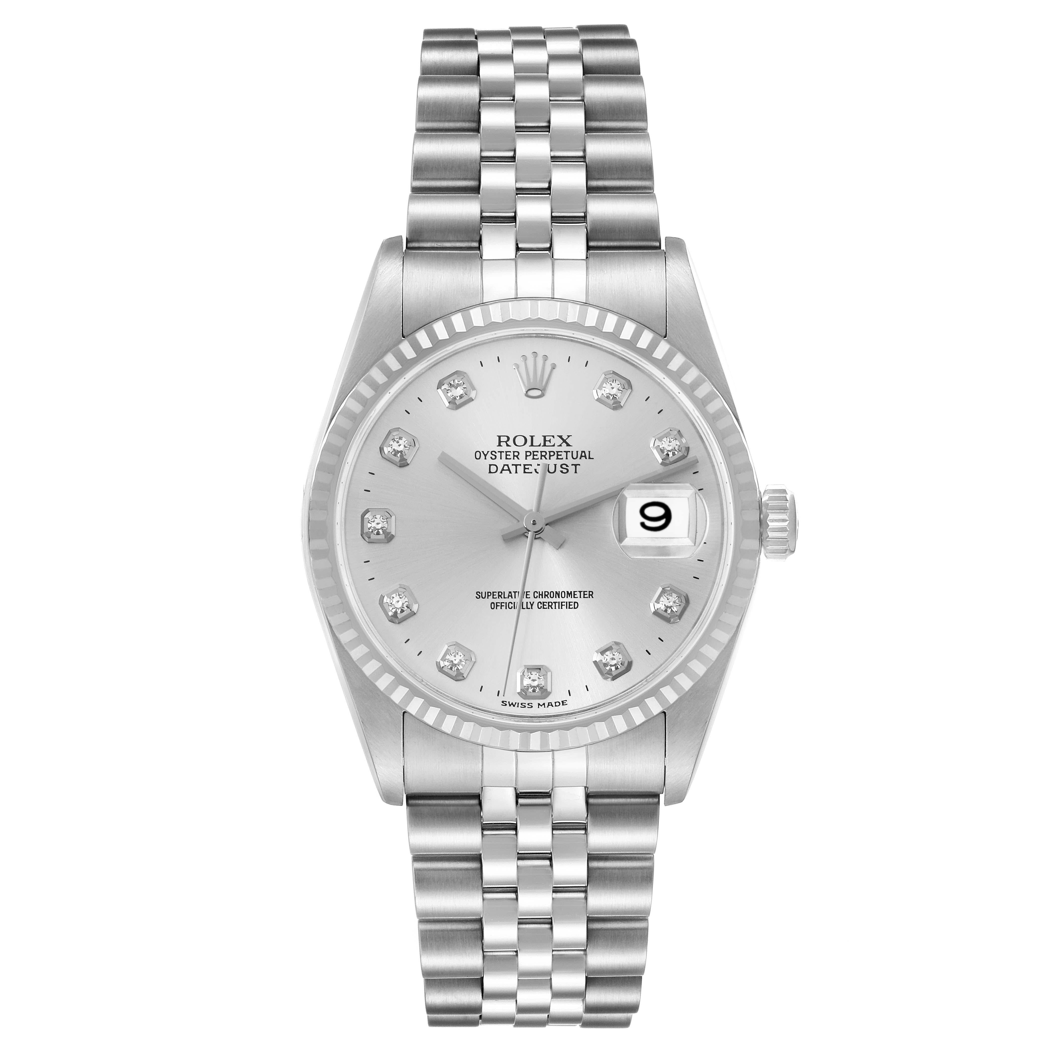 Rolex Datejust Steel White Gold Diamond Dial Mens Watch 16234. Officially certified chronometer automatic self-winding movement. Stainless steel oyster case 36.0 mm in diameter. Rolex logo on a crown. 18k white gold fluted bezel. Scratch resistant