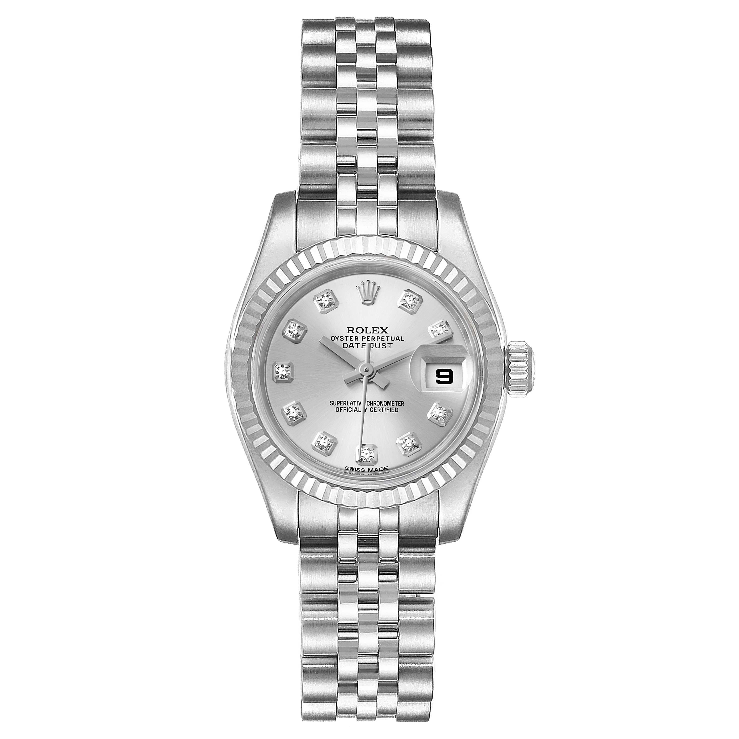 Rolex Datejust Steel White Gold Diamond Ladies Watch 179174 Box Card. Officially certified chronometer self-winding movement. Stainless steel oyster case 26.0 mm in diameter. Rolex logo on a crown. 18K white gold fluted bezel. Scratch resistant
