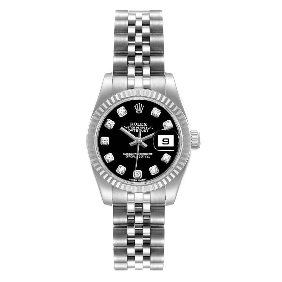 Rolex Datejust Steel White Gold Diamond Ladies Watch 179174 Box Card. Officially certified chronometer self-winding movement. Stainless steel oyster case 26.0 mm in diameter. Rolex logo on a crown. 18K white gold fluted bezel. Scratch resistant