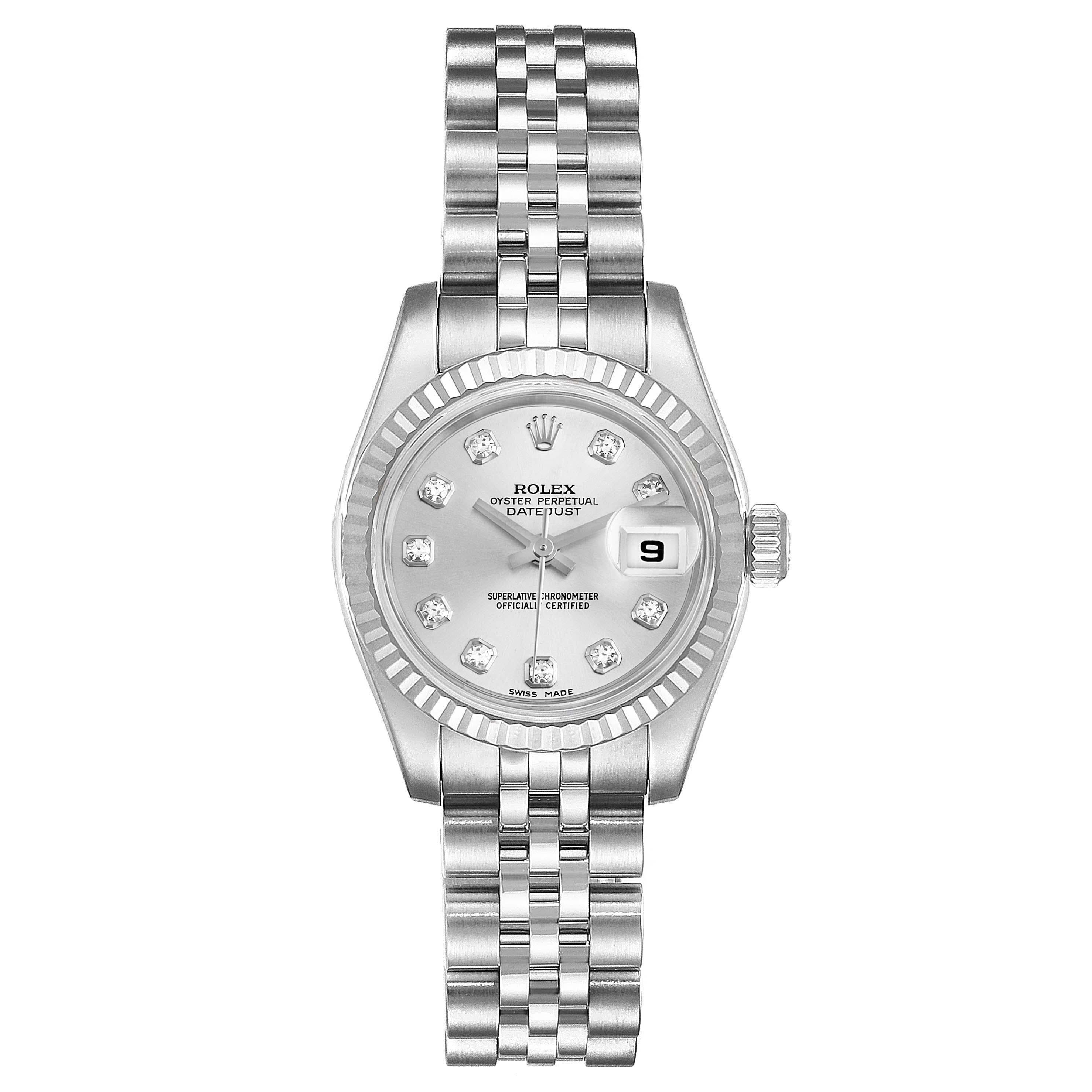 Rolex Datejust Steel White Gold Diamond Ladies Watch 179174 Box Papers. Officially certified chronometer self-winding movement. Stainless steel oyster case 26.0 mm in diameter. Rolex logo on a crown. 18K white gold fluted bezel. Scratch resistant